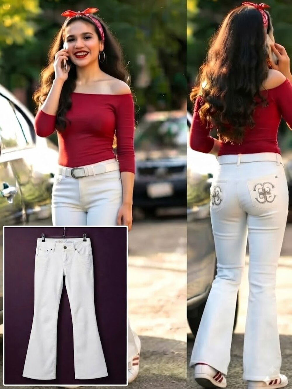Y2K Vintage Guess Rhinestone Embellished White Flare Jeans Size  7 / 28